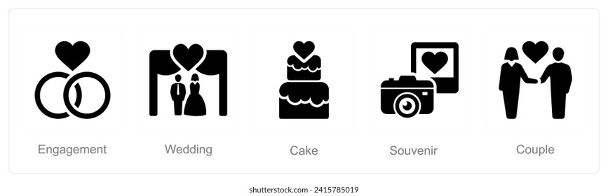 A set of 5 Honeymoon icons as engagement, wedding, cake