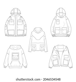 set 5 hoodie oversized outline drawing vector, hoodie oversized in a sketch style, trainers template outline, vector Illustration.
