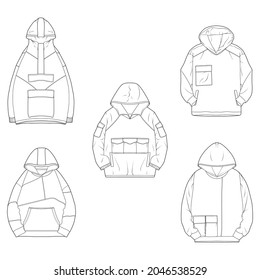 set 5 hoodie de gran tamaño vector de dibujo de contorno, hoodie sobredimensionado en un estilo de esbozo, contorno de plantilla de entrenadores, vectorial Ilustración.