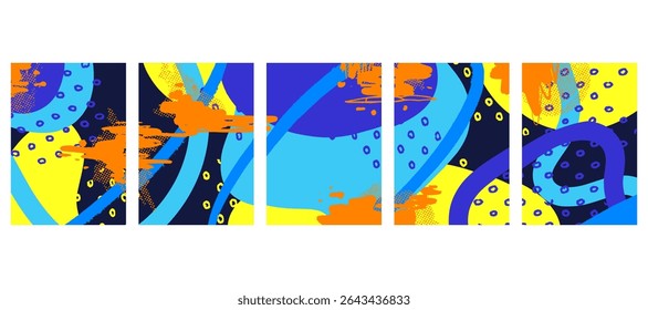 Set of 5 horizontal graffiti-style abstract backgrounds with vibrant colors, spray textures, and urban grunge art. Perfect for digital design, fashion, and street visuals.