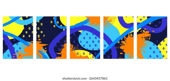 Set of 5 horizontal graffiti-style abstract backgrounds with bold strokes, spray textures, and vibrant colors urban. Great for digital art, fashion, and street visuals.