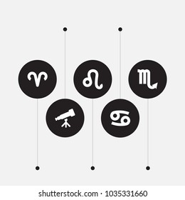 Set of 5 horoscope icons set. Collection of binoculars, lion, ram and other elements.