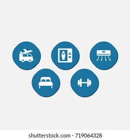 Set Of 5 Hotel Icons Set.Collection Of Barbell, Bedroom, Transportation And Other Elements.