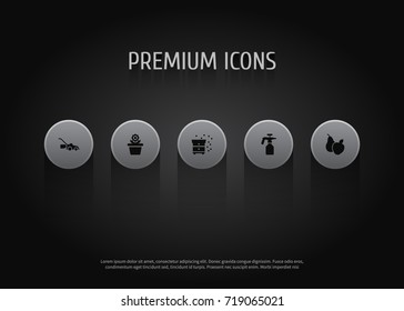 Set Of 5 Household Icons Set.Collection Of Lawn Mower, Spray Bottle, Beehive And Other Elements.