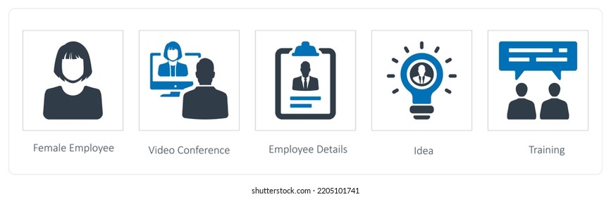 Un conjunto de 5 íconos de Recursos Humanos, como empleados femeninos, videoconferencia y detalles de los empleados,