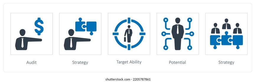 A set of 5 Human Resource icons such as audit, strategy and target ability