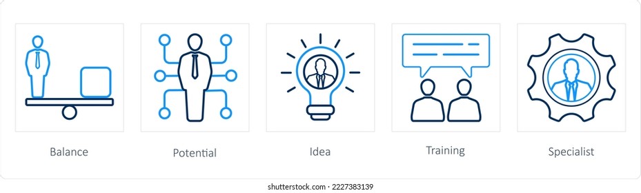 A set of 5 human resource icons such as balance, potential, idea