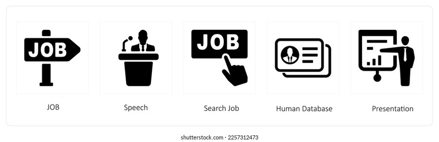 Eine Reihe von 5 Symbolen für Humanressourcen wie Job, Sprache und Suchjob