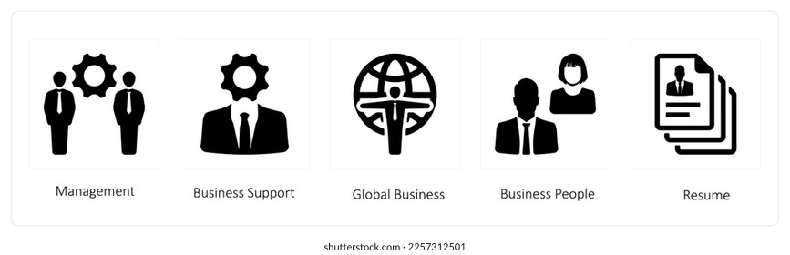 A set of 5 Human resource icons such as management, business support and global business
