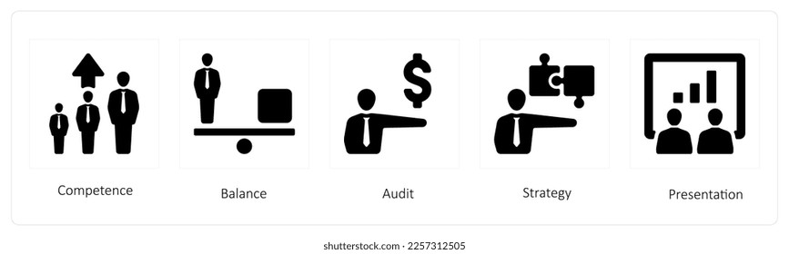 Eine Reihe von 5 Symbolen für Humanressourcen wie Kompetenz, Ausgewogenheit und Audit