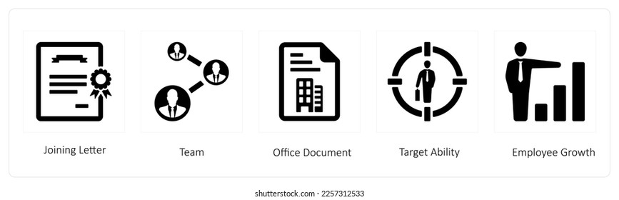 Un conjunto de 5 iconos de recursos humanos como la carta de unión, el equipo y el documento de oficina