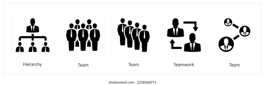 Eine Reihe von 5 Symbolen für Humanressourcen wie Hierarchie, Team und Teamwork