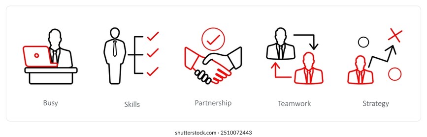 Um conjunto de 5 ícones de recursos humanos, como ocupado, habilidades, parceria