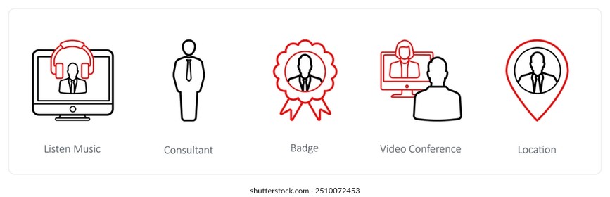 Un conjunto de 5 iconos de recursos humanos como escuchar música, consultor