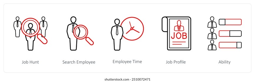 Un conjunto de 5 iconos de recursos humanos como búsqueda de empleo, empleado de búsqueda