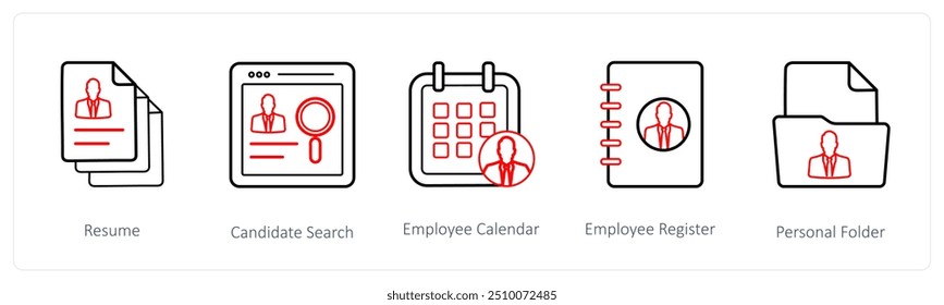 A set of 5 human resource icons such as resume, candidate search