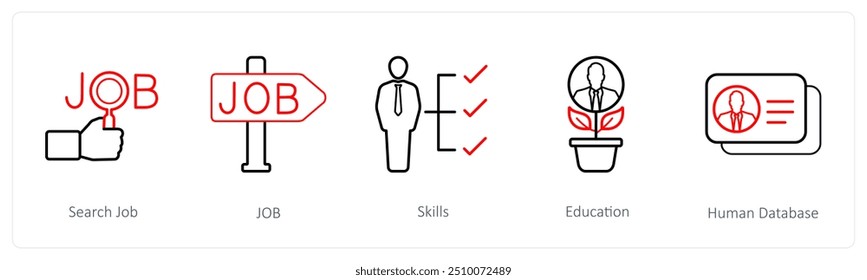 Eine Reihe von 5 Personalsymbolen, wie z. B. Suchjob, Join, Skills