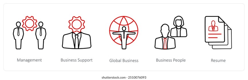 Eine Reihe von fünf Icons für Humanressourcen, wie z. B. Management, Unterstützung für Humanressourcen
