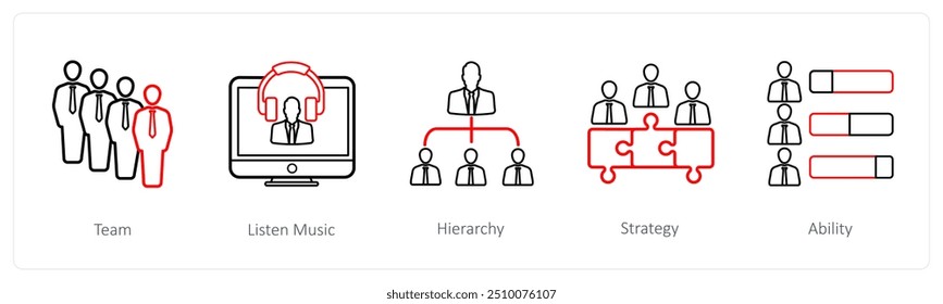 A set of 5 human resource icons such as team, listen music, hierarchy