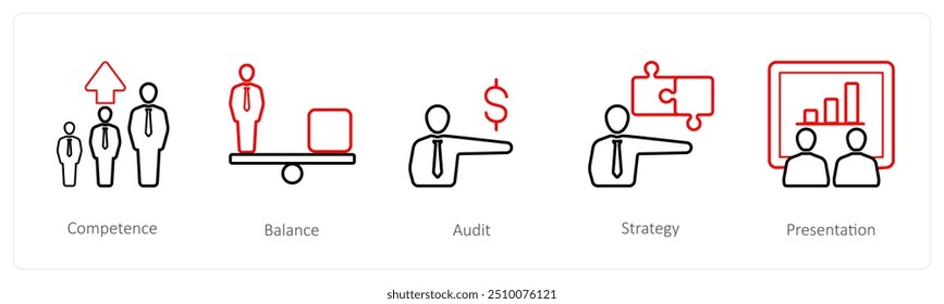 Eine Reihe von 5 Personalsymbolen wie Kompetenz, Balance, Audit