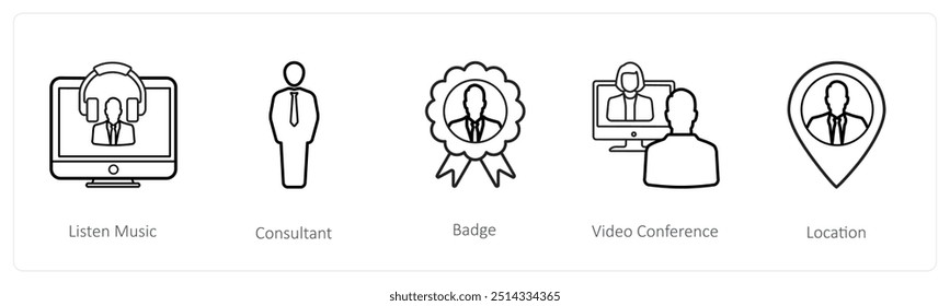 Um conjunto de 5 ícones de recursos humanos, como ouvir música, consultor
