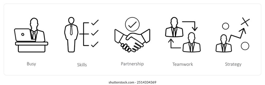 Um conjunto de 5 ícones de recursos humanos, como ocupado, habilidades, parceria
