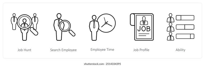 Um conjunto de 5 ícones de recursos humanos, como busca de emprego, pesquisa de funcionários