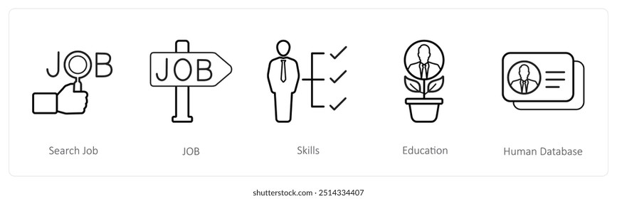 A set of 5 human resource icons such as search job, jon, skills