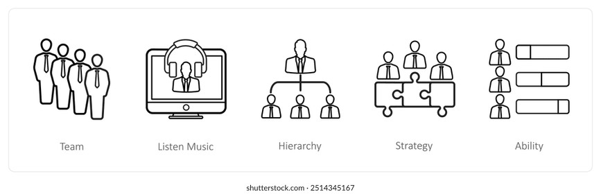 Un conjunto de 5 iconos de recursos humanos como equipo, escuchar música, jerarquía