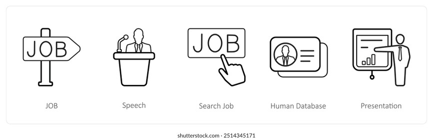 Ein Satz von 5 Icons für Personalressourcen wie Job, Sprache, Suchauftrag