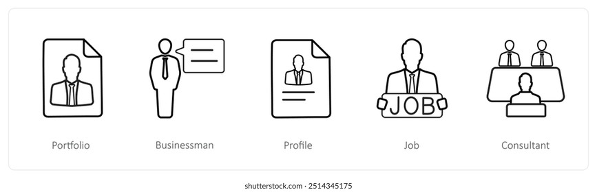 Um conjunto de 5 ícones de recursos humanos, como portfólio, funcionário de recursos humanos, perfil