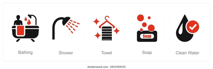 A set of 5 Hygiene icons as bathing, shower, towel