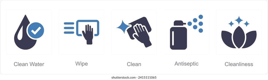 A set of 5 Hygiene icons as clean water, wipe, clean