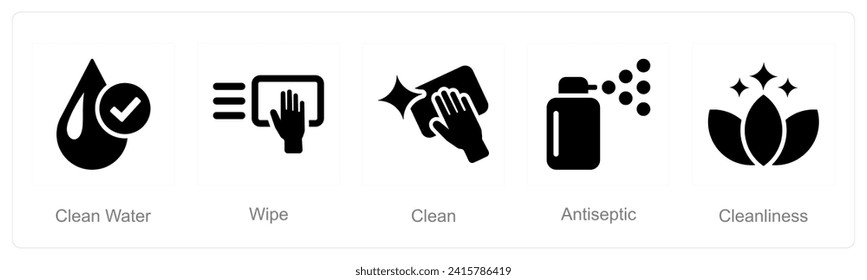 A set of 5 Hygiene icons as clean water, wipe, clean