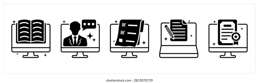 A set of 5 icons as e learning, video lecture, quiz online