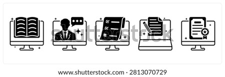 A set of 5 icons as e learning, video lecture, quiz online