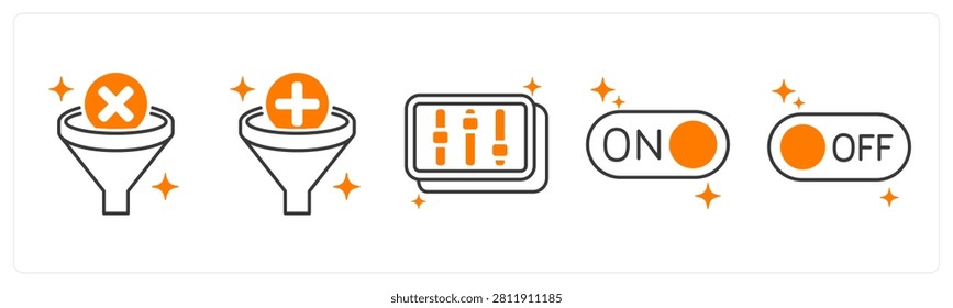 A set of 5 icons as filter remove, filter add, sliders