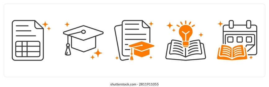 A set of 5 icons as syllabus, graduation cap, curriculum