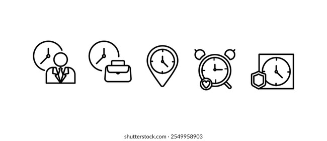 A set of 5 icons ,time business,working hours,work on time,punctuality,time location concept, isolated on white editable background.	
