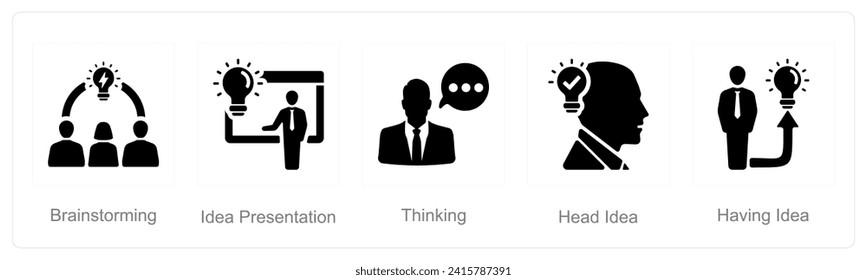 Un conjunto de 5 íconos de Idea como lluvia de ideas, presentación de ideas, pensamiento