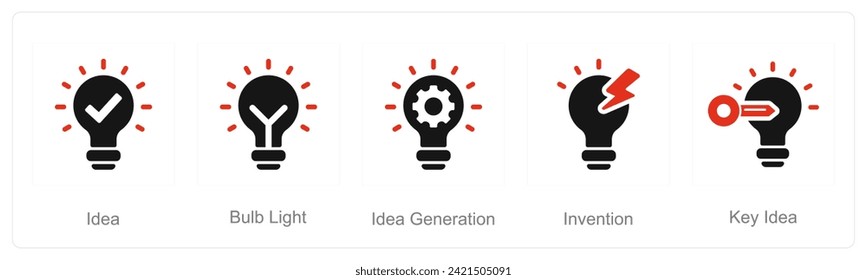 A set of 5 Idea icons as idea, bulb light, idea generation