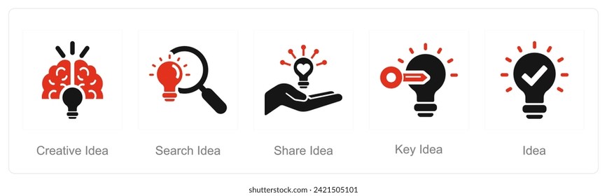 Un conjunto de 5 íconos de Idea como idea creativa, búsqueda de ideas, compartir idea