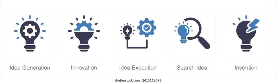 Un conjunto de 5 íconos de Idea como generación de ideas, innovación, ejecución de ideas