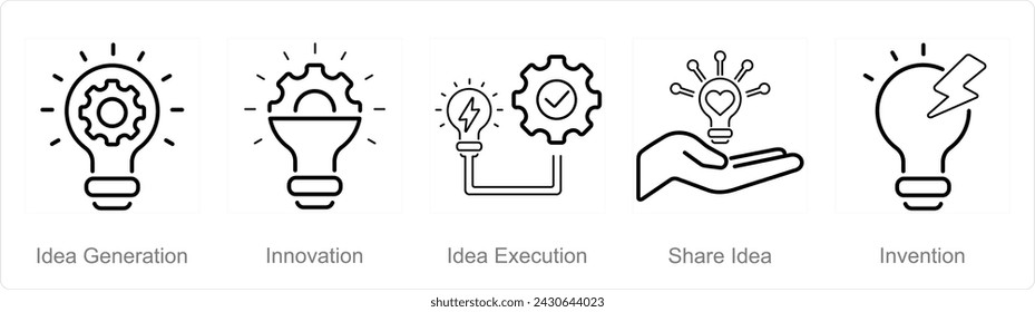Un conjunto de 5 iconos de ideas como generación de ideas, innovación, ejecución de ideas