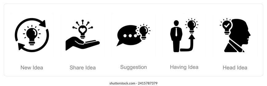 A set of 5 Idea icons as new idea, share idea, suggestion
