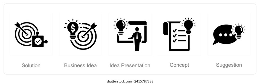 A set of 5 Idea icons as solution, business idea, idea presentation
