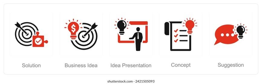 A set of 5 Idea icons as solution, business idea, idea presentation