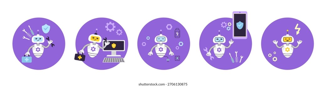 Conjunto de 5 ilustrações de assistente robô AI ajudando os usuários a configurar seus smartphones e computadores. Conceito para suporte técnico e serviço. Personagem bonito com ferramentas. Ilustração de vetor de estilo plano.