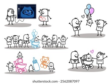 Set of 5 illustrations - Hand drawn cartoon stick characters - parents and family celebrating new born babies, with balloons, toys, pram, ultrasound and pregnant woman