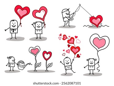 Set of 5 illustrations - Hand drawn cartoon stick characters - men and women with big hearts in different situations and concepts